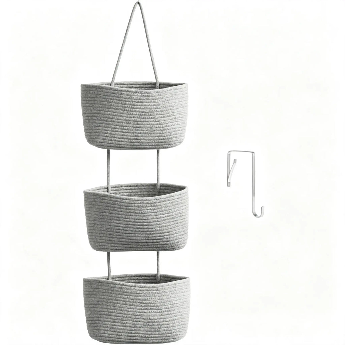 3-Tier Woven Cotton Over-the-Door Storage Basket – Wall-Mounted Bathroom & Nursery Organizer