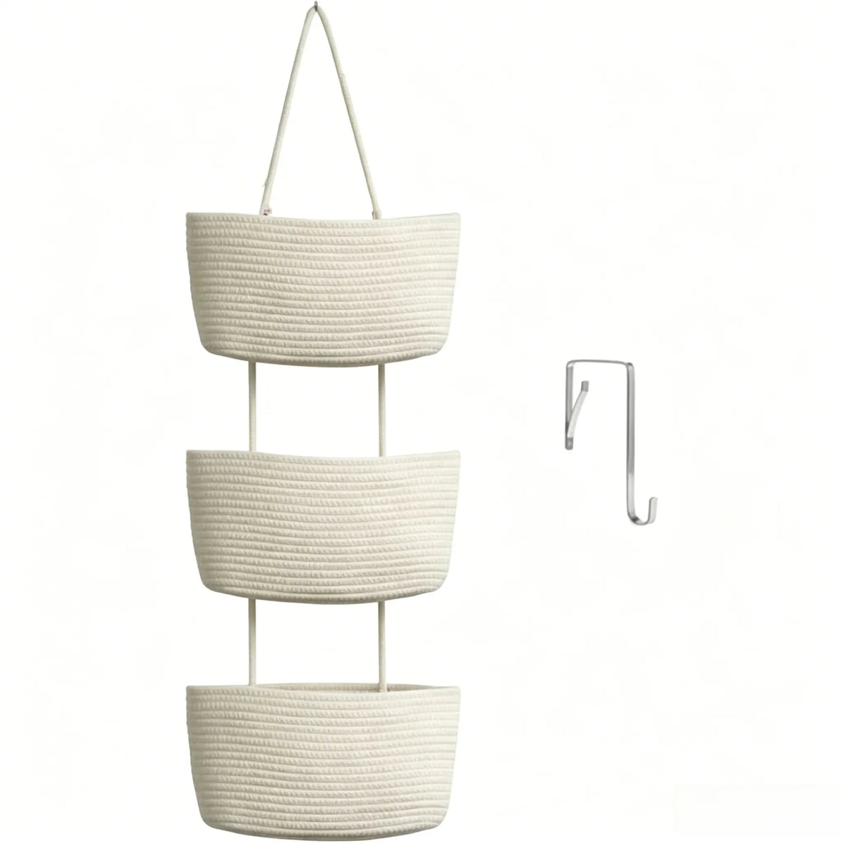 3-Tier Woven Cotton Over-the-Door Storage Basket – Wall-Mounted Bathroom & Nursery Organizer